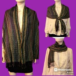 SACRED THREADS Multi-Color Rainbow Viscose Woven Check Fringe Scarf